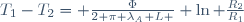\ T_1-T_2= \frac{\Phi}{2 \pi \lambda_A L } \ln \frac{R_2}{R_1}\,