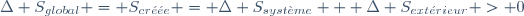 \Delta S_{global} = S_{cr\acute{e}\acute{e}e} = \Delta S_{syst\grave{e}me} + \Delta S_{ext\acute{e}rieur} > 0~