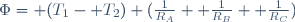 \Phi= (T_1- T_2) (\frac{1}{R_A}+ \frac{1}{R_B}+ \frac{1}{R_C})\,