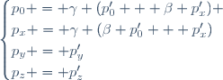 \begin{cases}
p_0 = \gamma (p'_0 + \beta p'_x) \\
p_x = \gamma (\beta p'_0 + p'_x)\\
p_y = p'_y\\
p_z = p'_z
\end{cases}