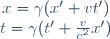 
\left\{
\begin{matrix}
x=\gamma(x'+vt')\\
t=\gamma(t'+\frac{v}{c^2}x')
\end{matrix}
\right.
