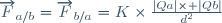 \overrightarrow{F}_{a/b}=\overrightarrow{F}_{b/a}=K\times\frac{|Qa|\times |Qb|}{d^2}