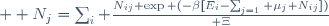   N_j=\sum_i {N_{ij} \exp (-\beta[E_i-\sum_{j=1} \mu_j N_{ij}])
\over \Xi}\,