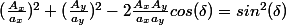 (\frac{A_{x}}{a_{x}})^2+(\frac{A_{y}}{a_{y}})^2-2\frac{A_{x}A_{y}}{a_{x}a_{y}}cos(\delta)=sin^2(\delta)