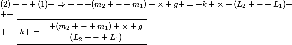 (2) - (1) \Rightarrow   (m_2 - m_1) \times g = k \times (L_2 - L_1)
 \\ 
 \\ \Lefrightarrow \boxed{k = \dfrac{ (m_2 - m_1) \times g}{(L_2 - L_1)}}