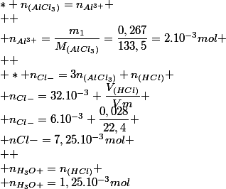 * n_{(AlCl_3)}={n_{Al^{3+}}
 \\ 
 \\ n_{Al^{3+}}=\dfrac{m_1}{M_{(AlCl_3)}}=\dfrac{0,267}{133,5}=2.10^{-3}mol
 \\ 
 \\ * n_{Cl-}=3n_{(AlCl_3)}+n_{(HCl)}
 \\ n_{Cl-}=32.10^{-3}+\dfrac{V_{(HCl)}}{Vm}
 \\ n_{Cl-}=6.10^{-3}+\dfrac{0,028}{22,4}
 \\ n{Cl-}=7,25.10^{-3}mol
 \\ 
 \\ n_{H_3O+}=n_{(HCl)}
 \\ n_{H_3O+}=1,25.10^{-3}mol