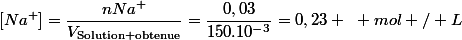 [Na^{+}]=\dfrac{nNa^{+}}{V_{\text{Solution obtenue}}}=\dfrac{0,03}{150.10^{-3}}=0,23 ~ mol / L