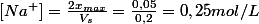 [Na^+]=\frac{2x_{max}}{V_s}=\frac{0,05}{0,2}=0,25mol/L
