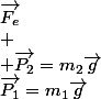 \overrightarrow{P_1}=m_1\overrightarrow{g};\ 
 \\ 
 \\ \overrightarrow{T_1};\ \ \overrightarrow{F_e}\\
 \\ \overrightarrow{P_2}=m_2\overrightarrow{g};\ 
 \\ 
 \\ \overrightarrow{T_2};\ \ \overrightarrow{F_e}\\