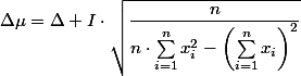 \Delta\mu=\Delta I\cdot\sqrt{\dfrac{n}{n\cdot\sum_{i=1}^{n}x_{i}^{2}-\left(\sum_{i=1}^{n}x_{i}\right)^{2}}}