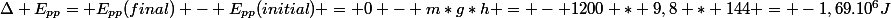 \Delta E_{pp}= E_{pp}(final) - E_{pp}(initial) = 0 - m*g*h = - 1200 * 9,8 * 144 = -1,69.10^6J