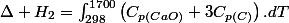 \Delta H_{2}=\intop_{298}^{1700}\left(C_{p(CaO)}+3C_{p(C)}\right).dT