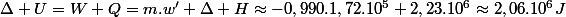 \Delta U=W+Q=m.w'+\Delta H\approx-0,990.1,72.10^{5}+2,23.10^{6}\approx2,06.10^{6}J
