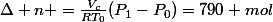 \Delta n =\frac{V_c}{RT_0}(P_1-P_0)=790 mol