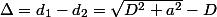 \Delta=d_{1}-d_{2}=\sqrt{D^{2}+a^{2}}-D