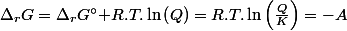 \Delta_{r}G=\Delta_{r}G\text{\textdegree+}R.T.\ln\left(Q\right)=R.T.\ln\left(\frac{Q}{K}\right)=-A