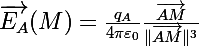 \Large\overrightarrow{E_A}(M)=\frac{q_A}{4\pi\varepsilon_0}\frac{\overrightarrow{AM}}{\|\overrightarrow{AM}\|^3}