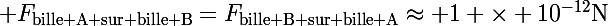 \Large F_\text{bille A sur bille B}=F_\text{bille B sur bille A}\approx 1 \times 10^{-12}\text{N}