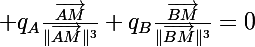 \Large q_A\frac{\overrightarrow{AM}}{\|\overrightarrow{AM}\|^3}+q_B\frac{\overrightarrow{BM}}{\|\overrightarrow{BM}\|^3}=0