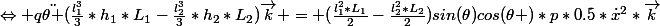 \Leftrightarrow q\ddot{\theta }(\frac{l_{1}^3}{3}*h_{1}*L_{1}-\frac{l_{2}^3}{3}*h_{2}*L_{2})\vec{k} = (\frac{l_{1}^2*L_{1}}{2}-\frac{l_{2}^2*L_{2}}{2})sin(\theta)cos(\theta )*p*0.5*\dot{x}^2*\vec{k}