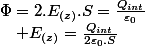 \Phi=2.E_{(z)}.S=\frac{Q_{int}}{\varepsilon_{0}}\quad;\quad E_{(z)}=\frac{Q_{int}}{2\varepsilon_{0}.S}