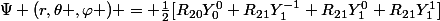 \Psi (r,\theta ,\varphi ) = \frac{1}{2}[R_{20}Y_{0}^{0}+R_{21}Y_{1}^{-1}+R_{21}Y_{1}^{0}+R_{21}Y_{1}^{1}]