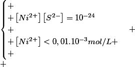 \begin{cases}
 \\ \left[Ni^{2+}\right]\left[S^{2-}\right]=10^{-24}\\
 \\ \left[Ni^{2+}\right]<0,01.10^{-3}mol/L
 \\ \end{cases}
 \\ 