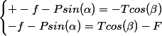 \begin{cases} -f-Psin(\alpha)=-Tcos(\beta)\\-f-Psin(\alpha)=Tcos(\beta)-F\end{cases}