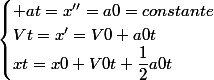 \begin{cases} at=x''=a0=constante\\Vt=x'=V0+a0t\\xt=x0+V0t+\dfrac{1}{2}a0t\\\end{cases}