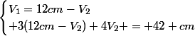 \begin{cases}V_{1}=12cm-V_{2}\\ 3(12cm-V_{2})+4V_{2} = 42 cm\end{cases}