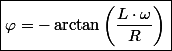 \boxed{\varphi=-\arctan\left(\frac{L\cdot\omega}{R}\right)}