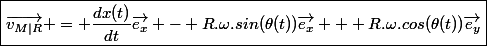\boxed{\vec{v_{M|R}} = \dfrac{dx(t)}{dt}\vec{e_x} - R.\omega.sin(\theta(t))\vec{e_x} + R.\omega.cos(\theta(t))\vec{e_y}}