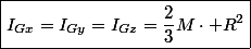 \boxed{I_{Gx}=I_{Gy}=I_{Gz}=\frac{2}{3}M\cdot R^{2}}