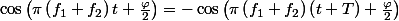 \cos\left(\pi\left(f_{1}+f_{2}\right)t+\frac{\varphi}{2}\right)=-\cos\left(\pi\left(f_{1}+f_{2}\right)\left(t+T\right)+\frac{\varphi}{2}\right)