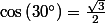 \cos\left(30{^\circ}\right)=\frac{\sqrt{3}}{2}