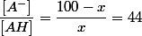 \dfrac{\left[A^{-}\right]}{\left[AH\right]}=\dfrac{100-x}{x}=44