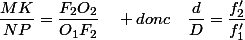 \dfrac{MK}{NP}=\dfrac{F_{2}O_{2}}{O_{1}F_{2}}\quad donc\quad\dfrac{d}{D}=\dfrac{f'_{2}}{f'_{1}}