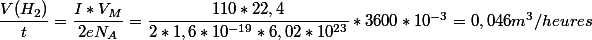 \dfrac{V(H_2)}{t}=\dfrac{I*V_M}{2eN_A}=\dfrac{110*22,4}{2*1,6*10^{-19}*6,02*10^{23}}*3600*10^{-3}=0,046m^3/heures