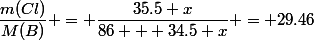 \dfrac{m(Cl)}{M(B)} = \dfrac{35.5 x}{86 + 34.5 x} = 29.46&nbsp;&nbsp;\%
