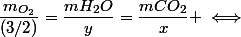 \dfrac{m_{O_{2}}}{(3/2)}=\dfrac{mH_{2}O}{y}=\dfrac{mCO_{2}}{x} \iff&nbsp;&nbsp;\dfrac{m_{O_{2}}}{(3/2)}=\dfrac{5,85}{y}=\dfrac{9,56}{x}
