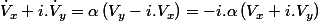 \dot{V}_{x}+i.\dot{V}_{y}=\alpha\left(V_{y}-i.V_{x}\right)=-i.\alpha\left(V_{x}+i.V_{y}\right)