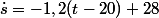 \dot{s}=-1,2(t-20)+28