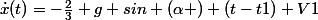 \dot{x}(t)=-\frac{2}{3} g sin (\alpha ) (t-t1)+V1