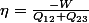 \eta=\frac{-W}{Q_{12}+Q_{23}}