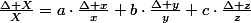 \frac{\Delta X}{X}=a\cdot\frac{\Delta x}{x}+b\cdot\frac{\Delta y}{y}+c\cdot\frac{\Delta z}{z}