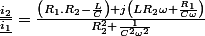 \frac{\underline{i_{2}}}{\underline{i_{1}}}=\frac{\left(R_{1}.R_{2}-\frac{L}{C}\right)+j\left(LR_{2}\omega+\frac{R_{1}}{C\omega}\right)}{R_{2}^{2}+\frac{1}{C^{2}\omega^{2}}}