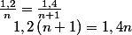 \frac{1,2}{n}=\frac{1,4}{n+1}\quad;\quad1,2\left(n+1\right)=1,4n