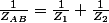 \frac{1}{Z_{AB}}=\frac{1}{Z_{1}}+\frac{1}{Z_{2}}\quad;\quad\underline{Z_{AB}}=\frac{\left(R+jL\omega\right)\left(R+\frac{1}{jC\omega}\right)}{2R+j\left(L\omega-\frac{1}{C\omega}\right)}=\frac{R^{2}+\frac{L}{C}+jR\left(L\omega-\frac{1}{C\omega}\right)}{2R+j\left(L\omega-\frac{1}{C\omega}\right)}