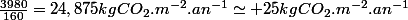 \frac{3980}{160}=24,875kgCO_{2}.m^{-2}.an^{-1}\simeq 25kgCO_{2}.m^{-2}.an^{-1}