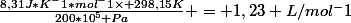 \frac{8,31J*K^-1*mol^-1\times 298,15K}{200*10^5 Pa} = 1,23 L/mol^-1
